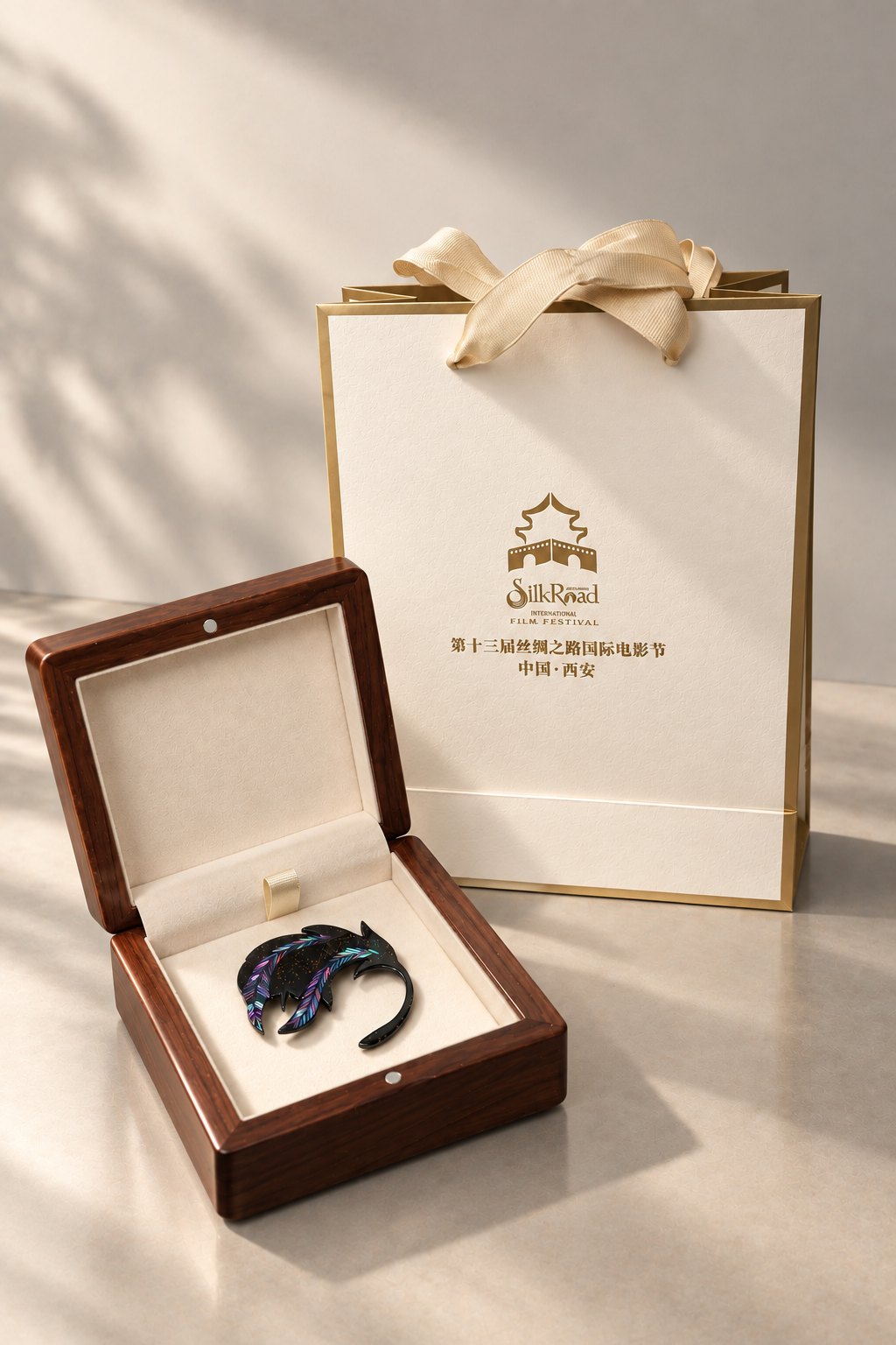 The Light on the Silk Road brooch and the Festival gift bag