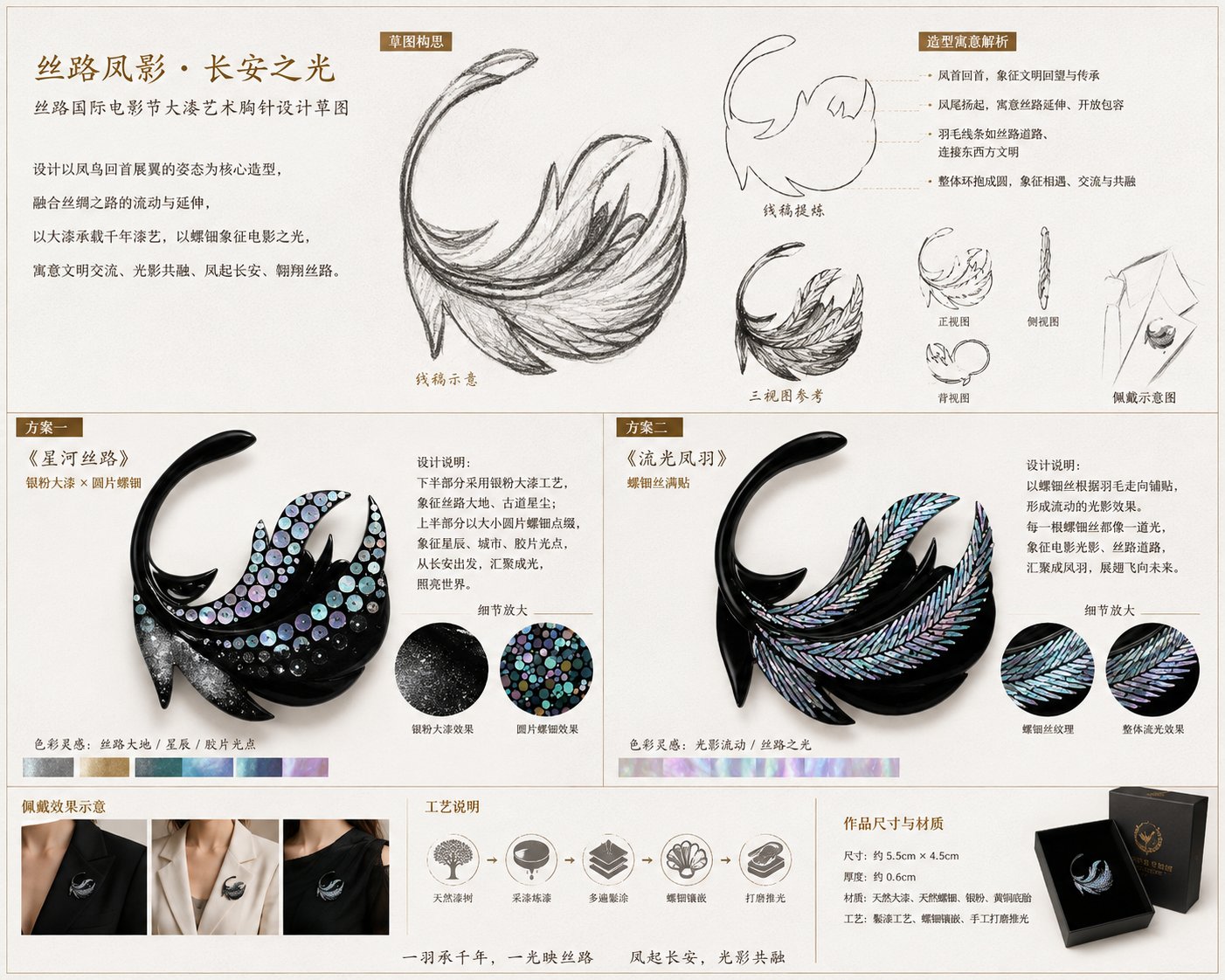 Design sketches for the Silk Road Phoenix brooch